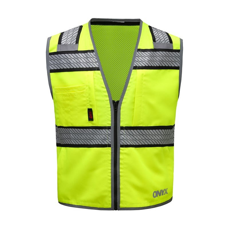 GSS Lime safety vest 1515 with reflective stripes on a white background