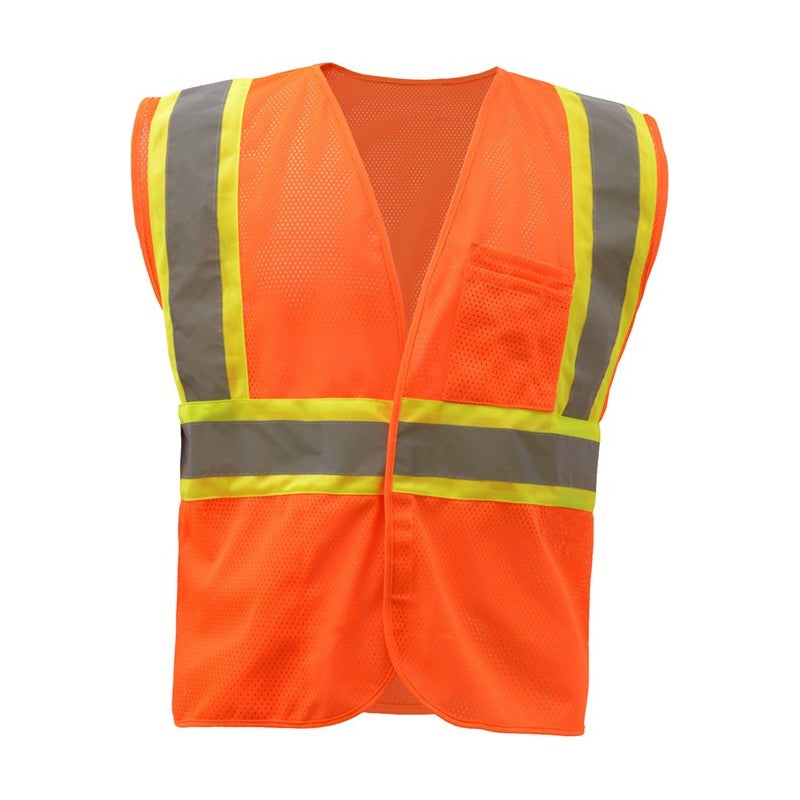 GSS Safety 1008 Orange safety vest with reflective stripes on a white background, ANSI 107-2020 Class 2 compliant