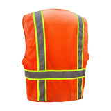 GSS Safety Orange safety vest 1502 back with reflective stripes on a white background