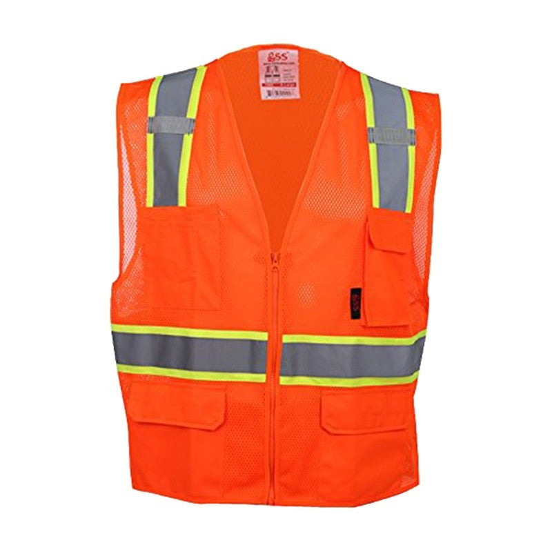 GSS Safety Orange safety vest 1502 front with reflective stripes on a white background