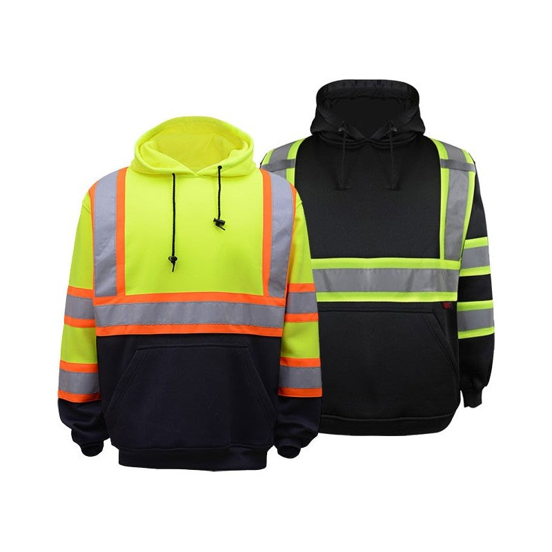 Two GSS Safety reflective hoodies, one lime and black, the other black and yellow, on a white background.