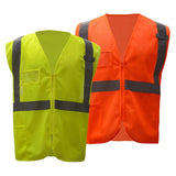 Two GSS safety vests, one Lime and one orange, on a white background, ANSI 107-2020, Class 2 compliant.