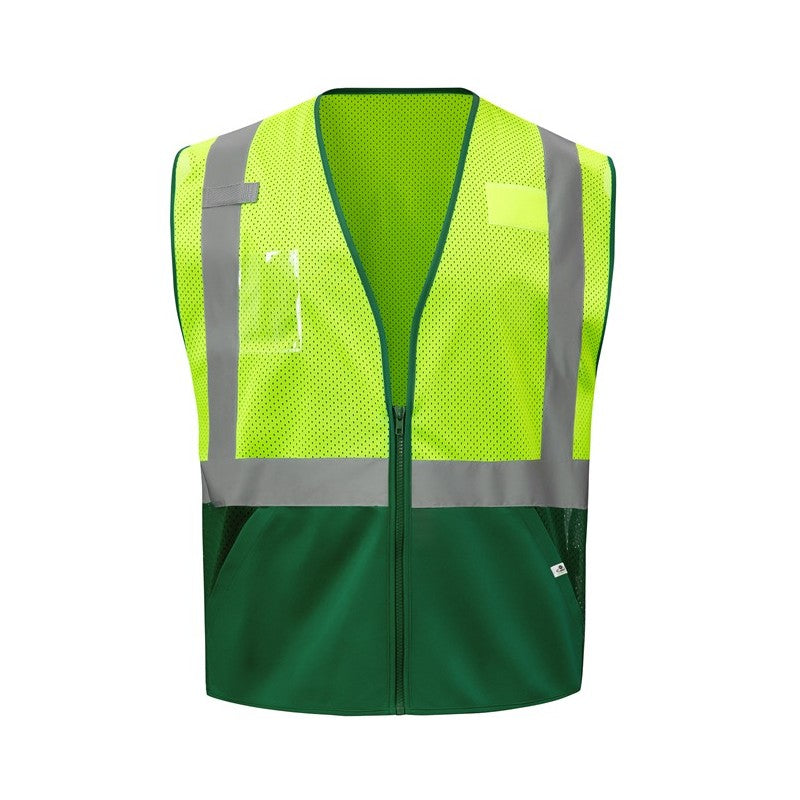 GSS Safety two-tone Green and lime safety vest 1016 on a white background, ANSI/ISEA 107-2020 Class 2 compliant