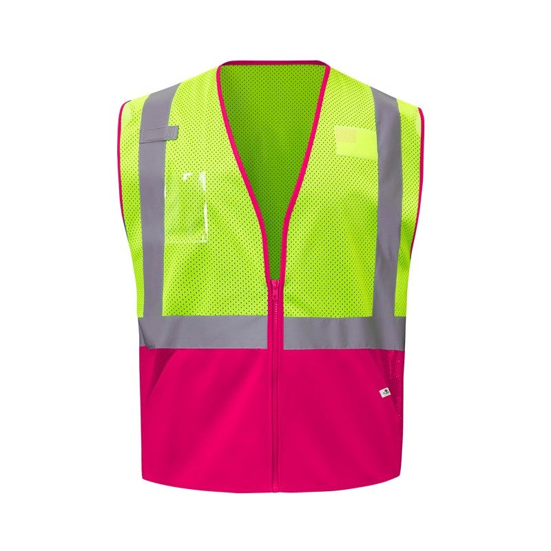 GSS Safety two-tone safety vest with bright lime and pink colors on a white background, ANSI/ISEA 107-2020 Class 2 compliant