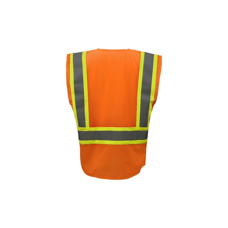 GSS Safety Orange hi vis vest with reflective stripes on a white background