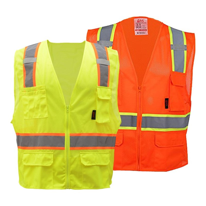 Two GSS safety vests, one yellow and one orange, on a white background