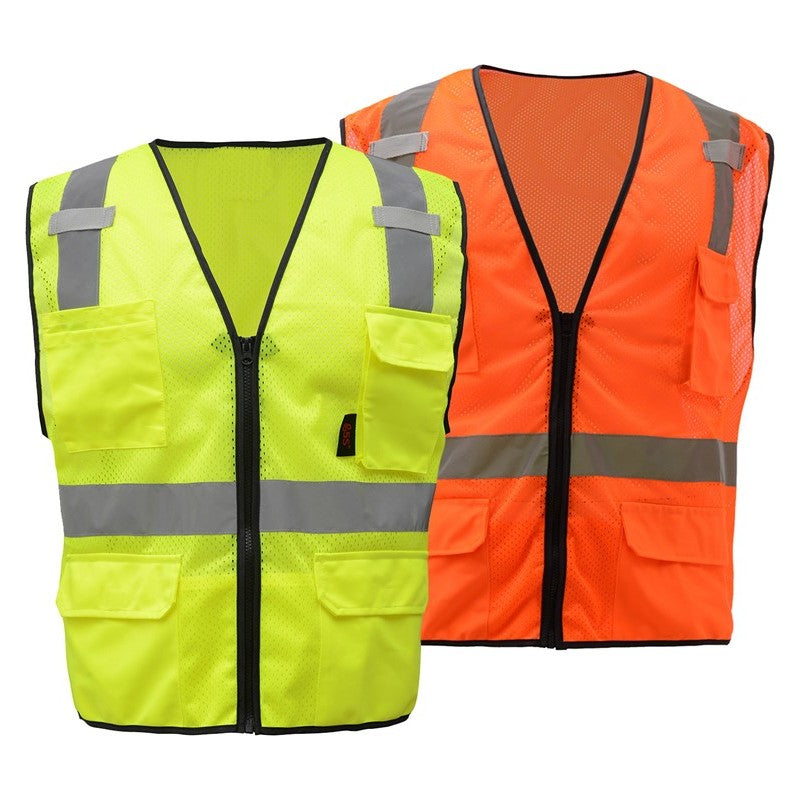 Two GSS safety vests, one yellow and one orange, on a white background