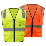 Two GSS safety vests, one yellow and one orange, on a white background