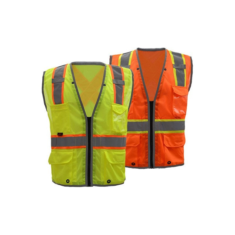 Two GSS safety vests, one lime and one orange, on a white background