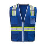 GSS Blue safety vest 1713 with reflective stripes on a white background