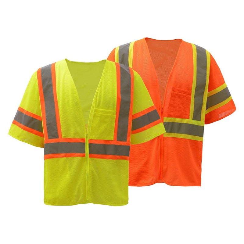 Two GSS safety vests, one lime(2005) and one orange(2006), on a white background