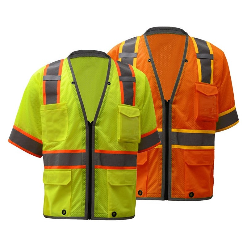 Two GSS safety vests, one lime and one orange, on a white background