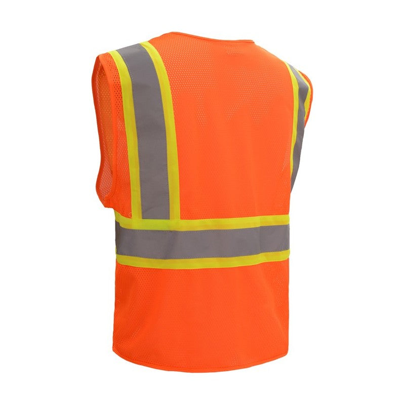 GSS Safety 1008 Orange safety vest with reflective stripes on a white background, ANSI 107-2020 Class 2 compliant