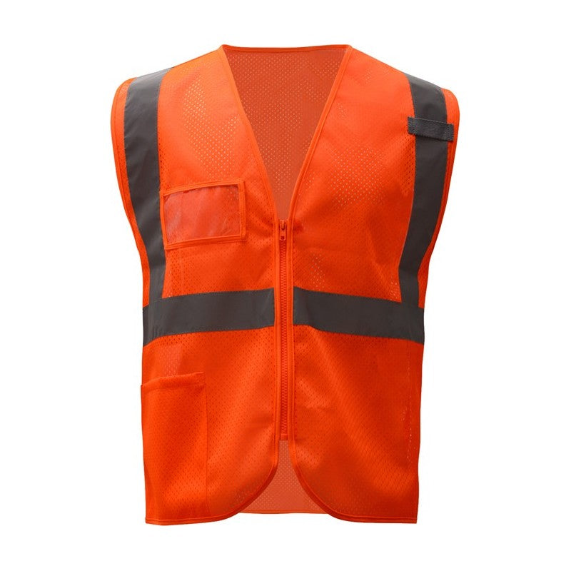 GSS Safety Orange hi-vis vest with black reflective stripes on a white background