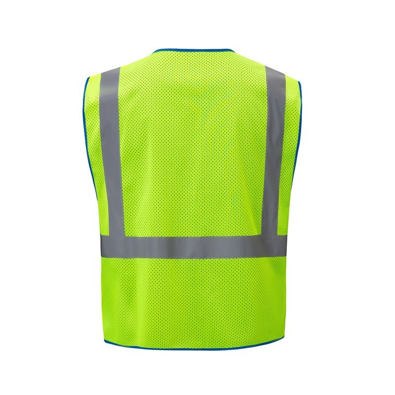 GSS Safety high-visiablity lime safety vest with reflective stripes back view on a white background, ANSI/ISEA 107-2020 Class 2 compliant