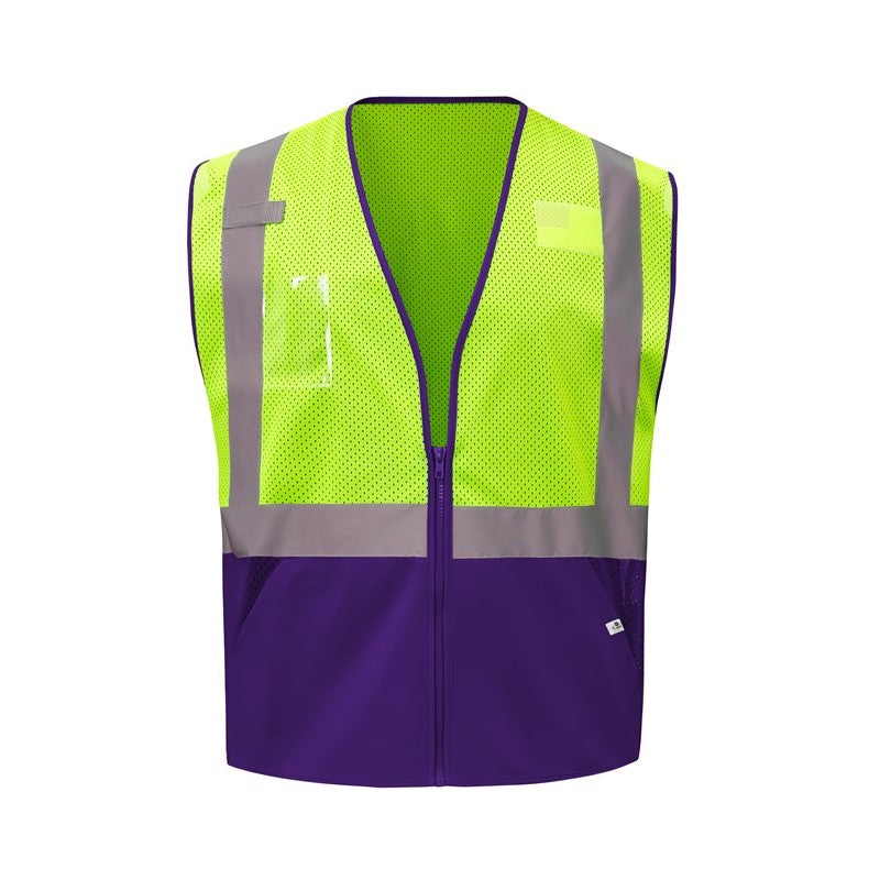 GSS Safety two-tone High-visibility safety vest 1017 with purple bottom section on a white background, ANSI/ISEA 107-2020 Class 2 compliant
