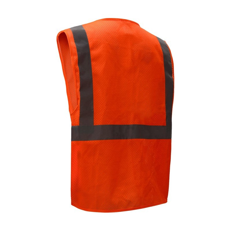 GSS Safety Orange reflective vest 1010 with reflective black stripes on a white background