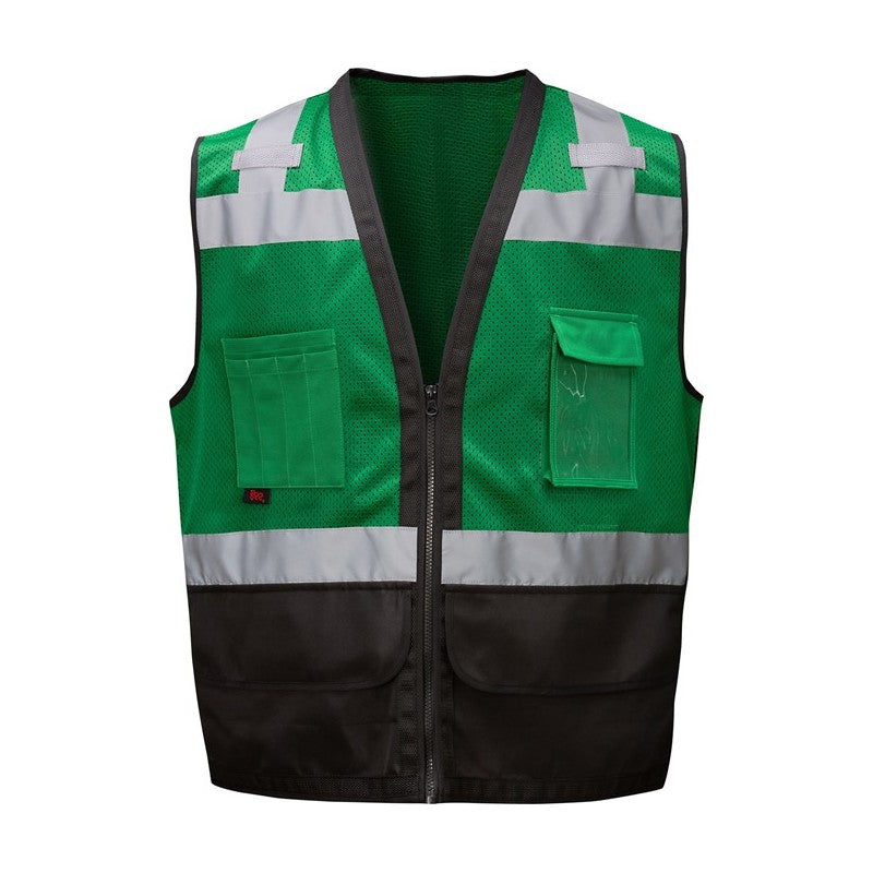 GSS Safety Forest Green safety vest 1208 with reflective stripes on a white background