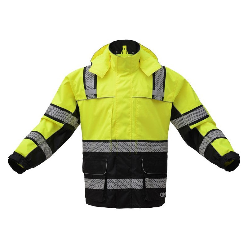 GSS safety ANSI class 3 High-visibility lime rain jacket with reflective stripes on a white background