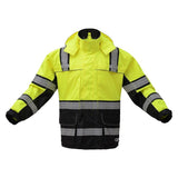 GSS safety ANSI class 3 High-visibility lime rain jacket with reflective stripes on a white background