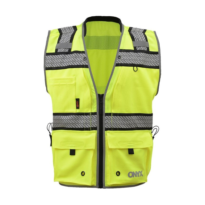 GSS safety lime surveyor vest 1511 with reflective stripes and 'Onyx' branding on a white background
