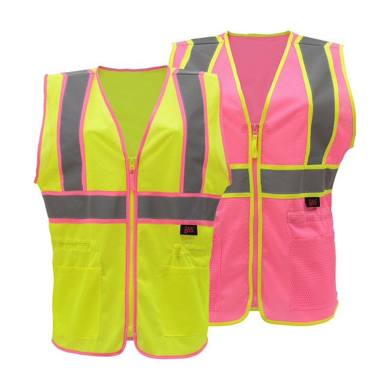 Two safety vests, one lime and one pink, gss safety vest for women