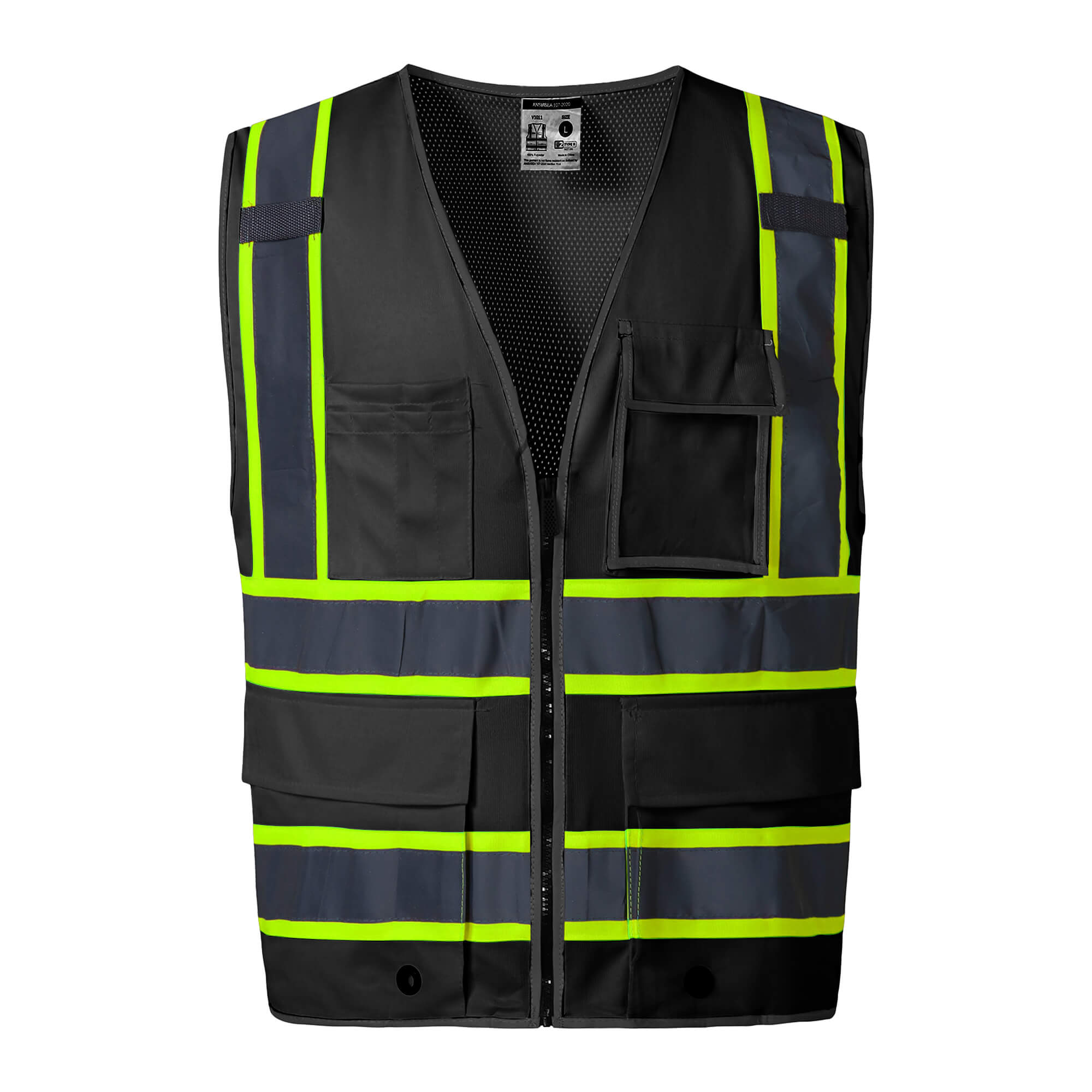 ANSI-Class-2-Black-Safety-Vest-with-Four-Pocket-Front-View-V1013