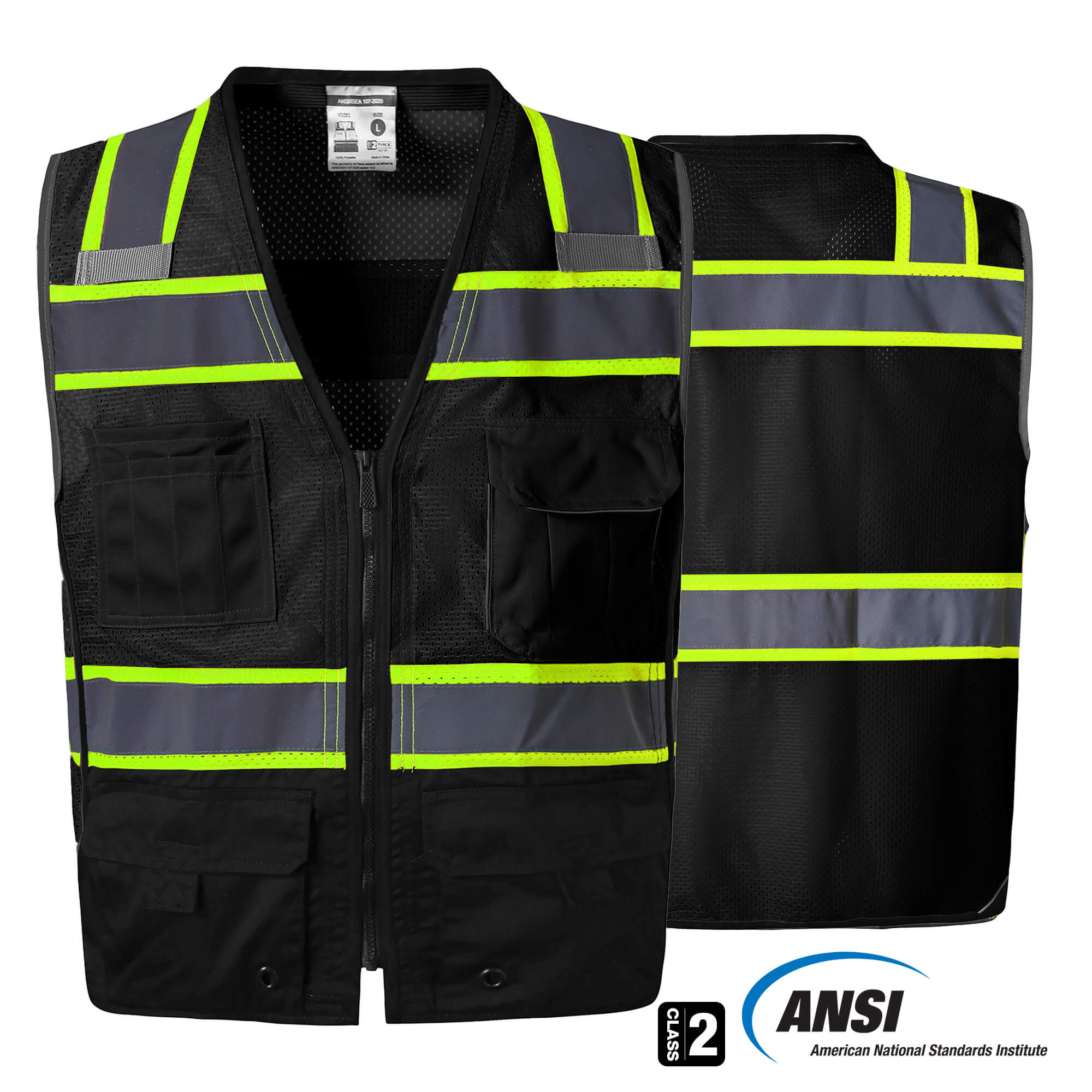Hivispro ANSI Class-2 high-visibility safety vest V1053 in black, front view with ANSI certification seal.
