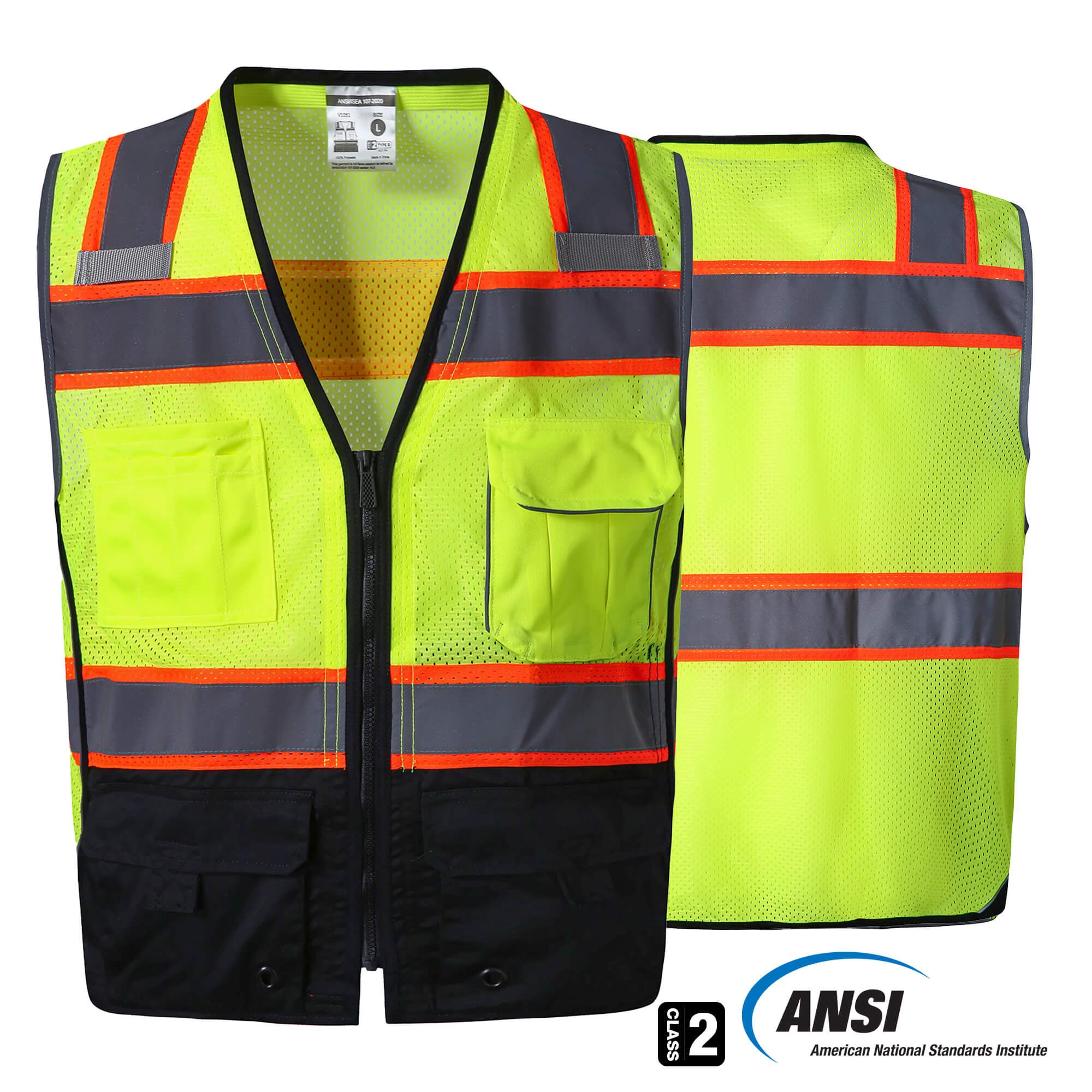 Hivispro ANSI Class-2 high-visibility Safety vest V1051 in lime, front view with ANSI certification seal.
