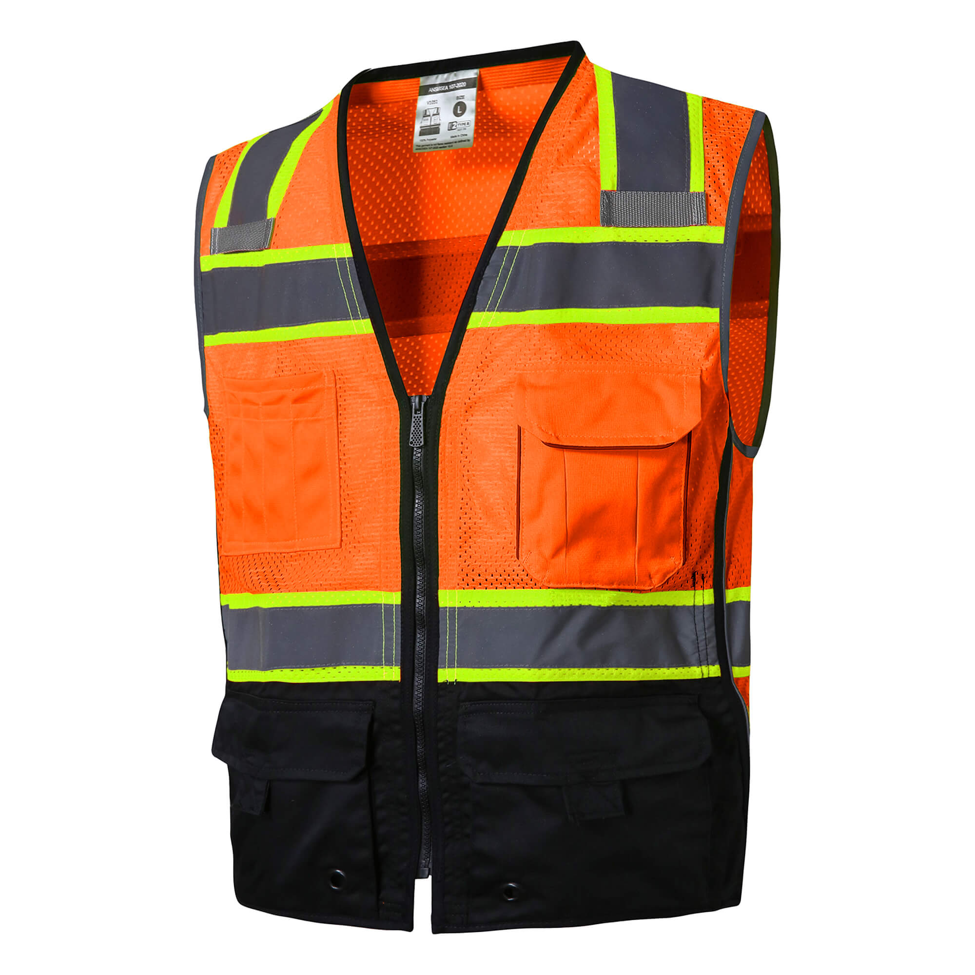 Hivispro ANSI Class-2 high-visibility safety vest V1052 in orange, side view.