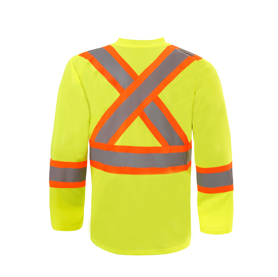 High-visibility safety shirt with reflective stripes on a white background