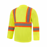High-visibility safety shirt with reflective stripes on a white background