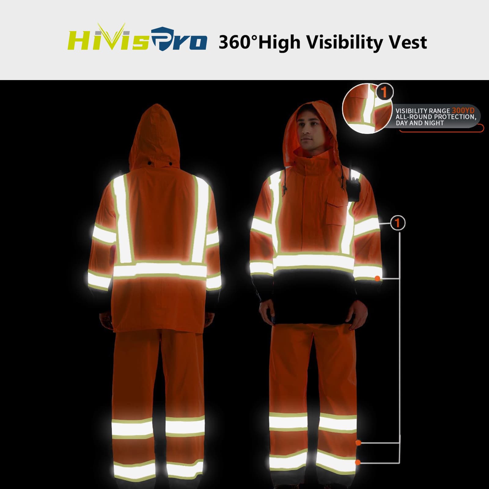 HivisPro reflective hi vis safety rain coat R1012 reflective look in the night.