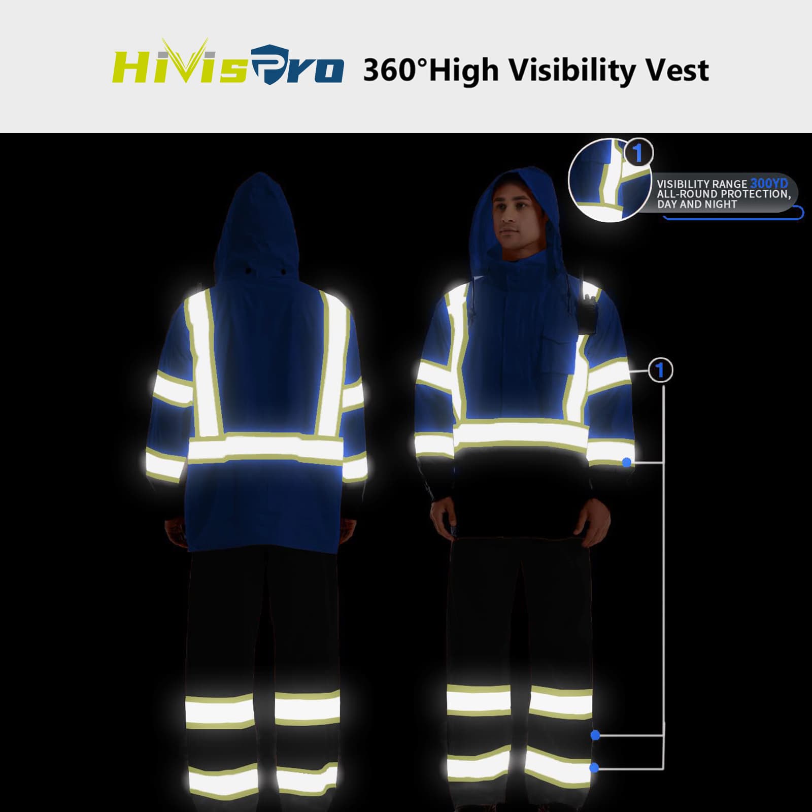 HivisPro reflective hi vis safety rain coat R1014 reflective look in the night.