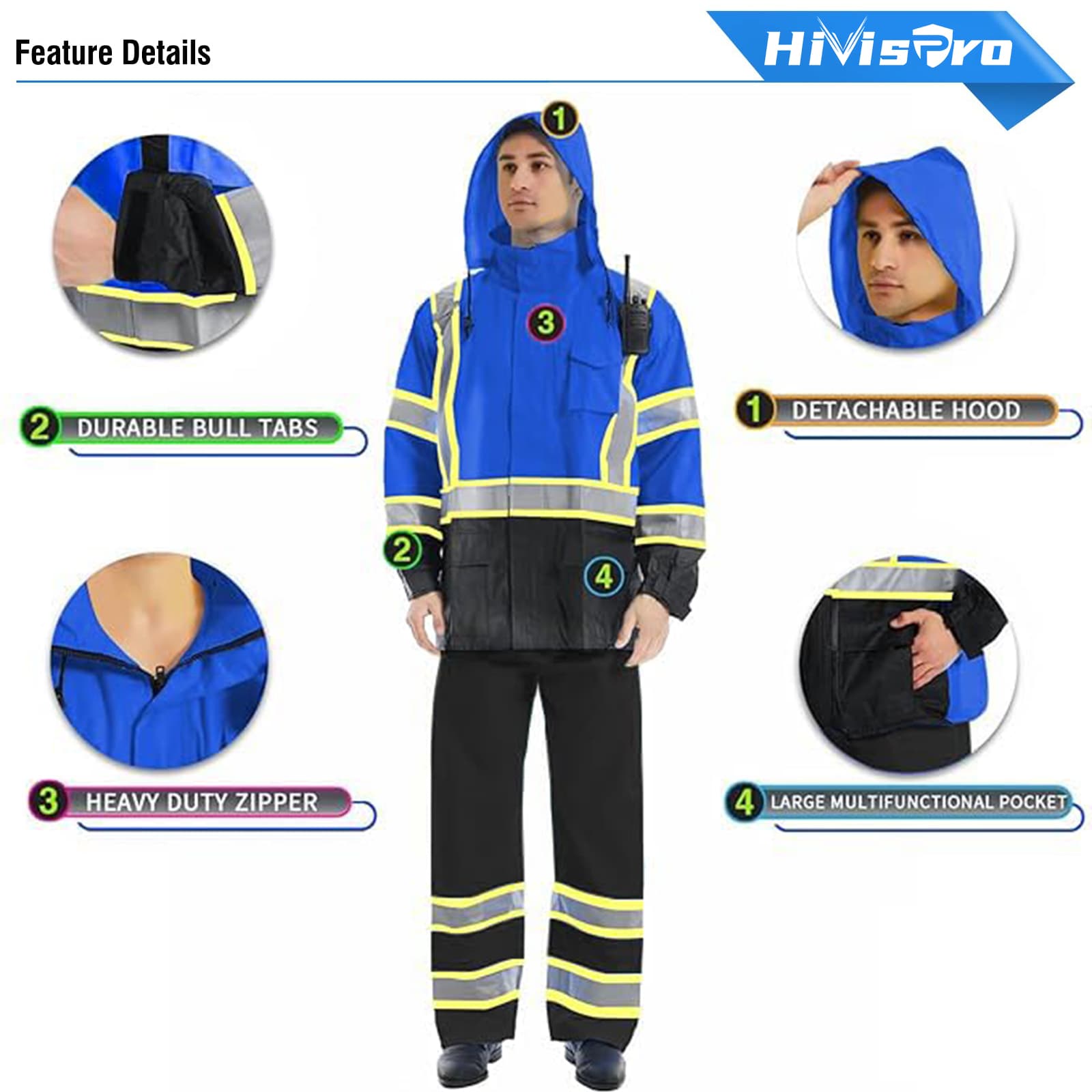 a model wears HivisPro reflective hi vis safety rain coat R1014 with four details