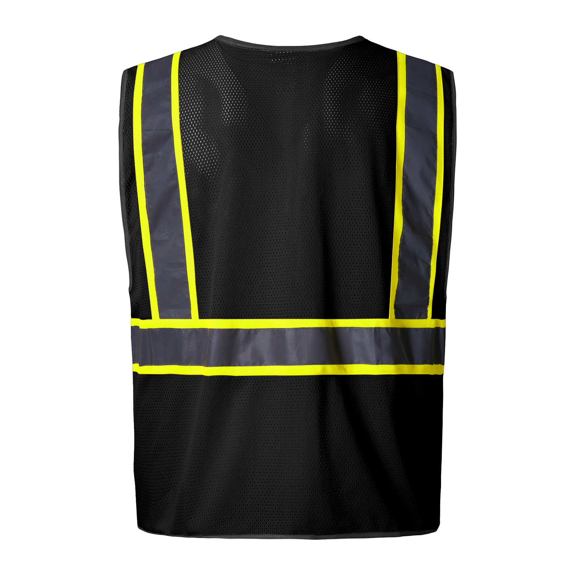 Hivispro ANSI Class-2 high-visibility safety vest V1033 in black, back view.