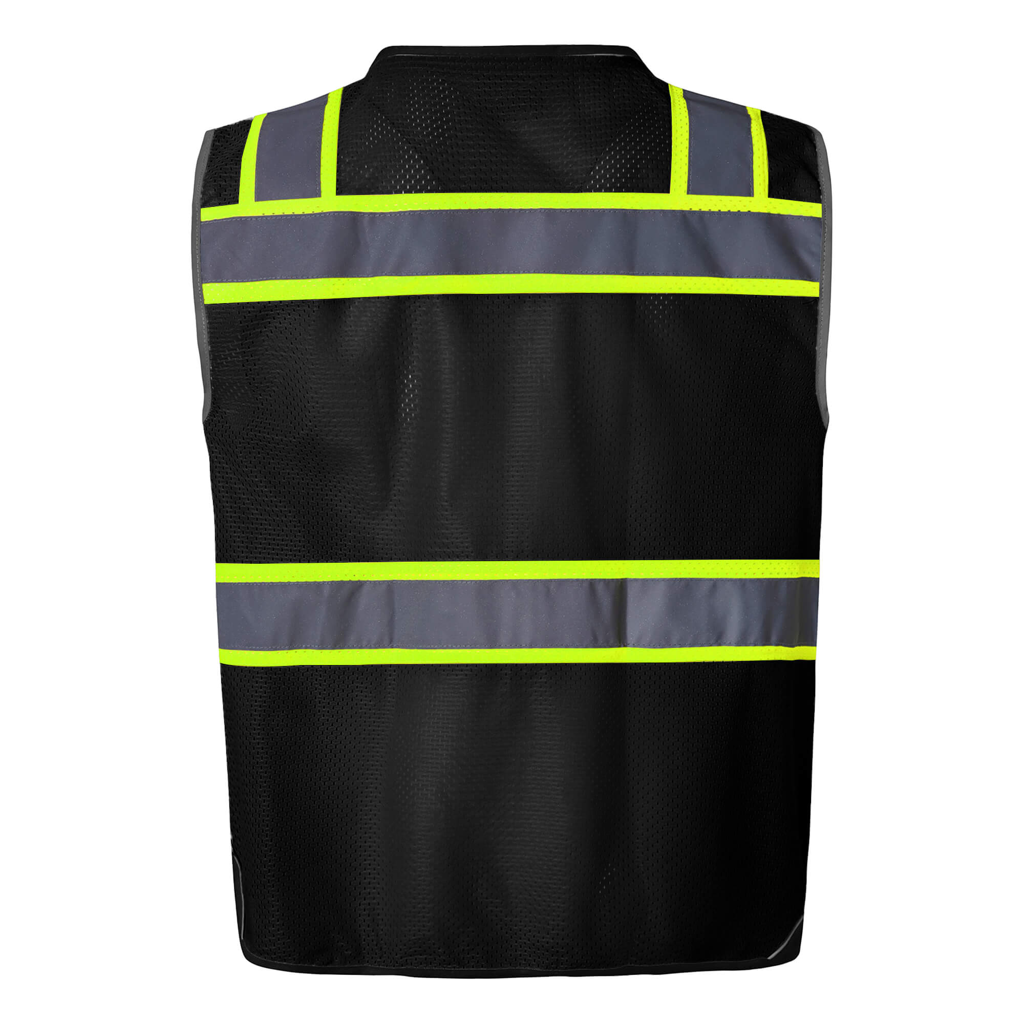 Hivispro ANSI Class-2 high-visibility safety vest V1053 in black, back view.