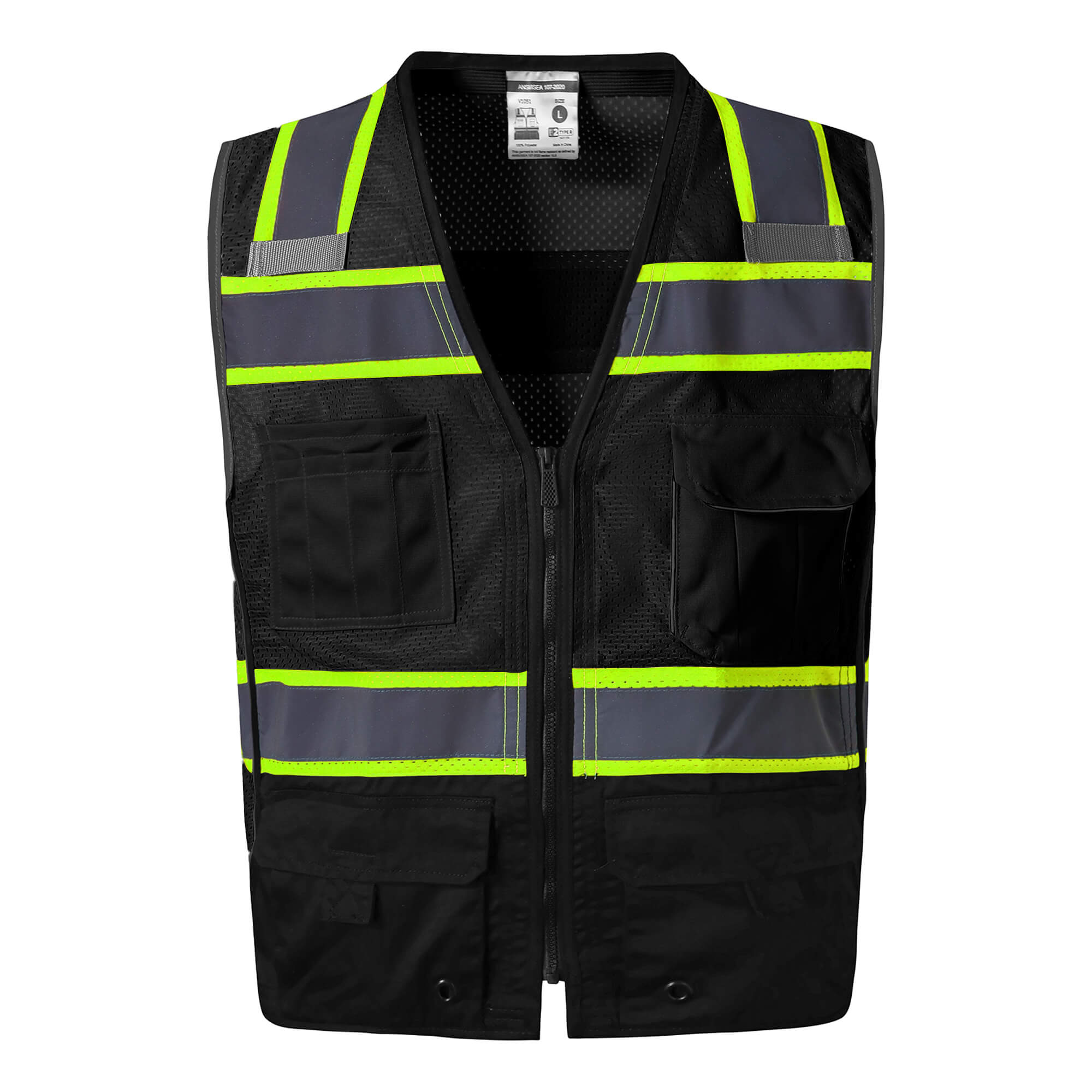 Hivispro ANSI Class-2 high-visibility safety vest V1053 in black, front view.