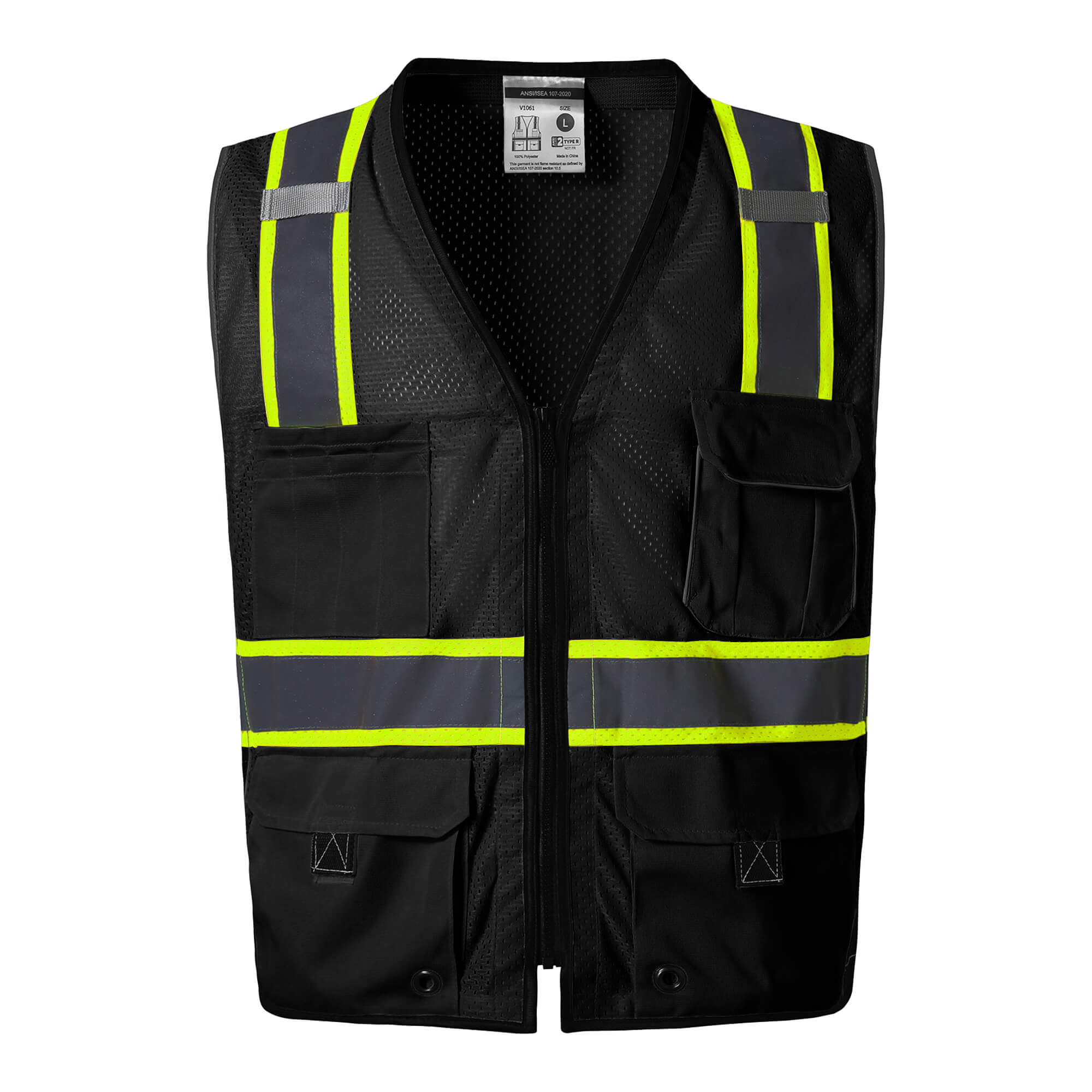 Hivispro ANSI Class-2 high-visibility safety vest V1063 in black, front view.

