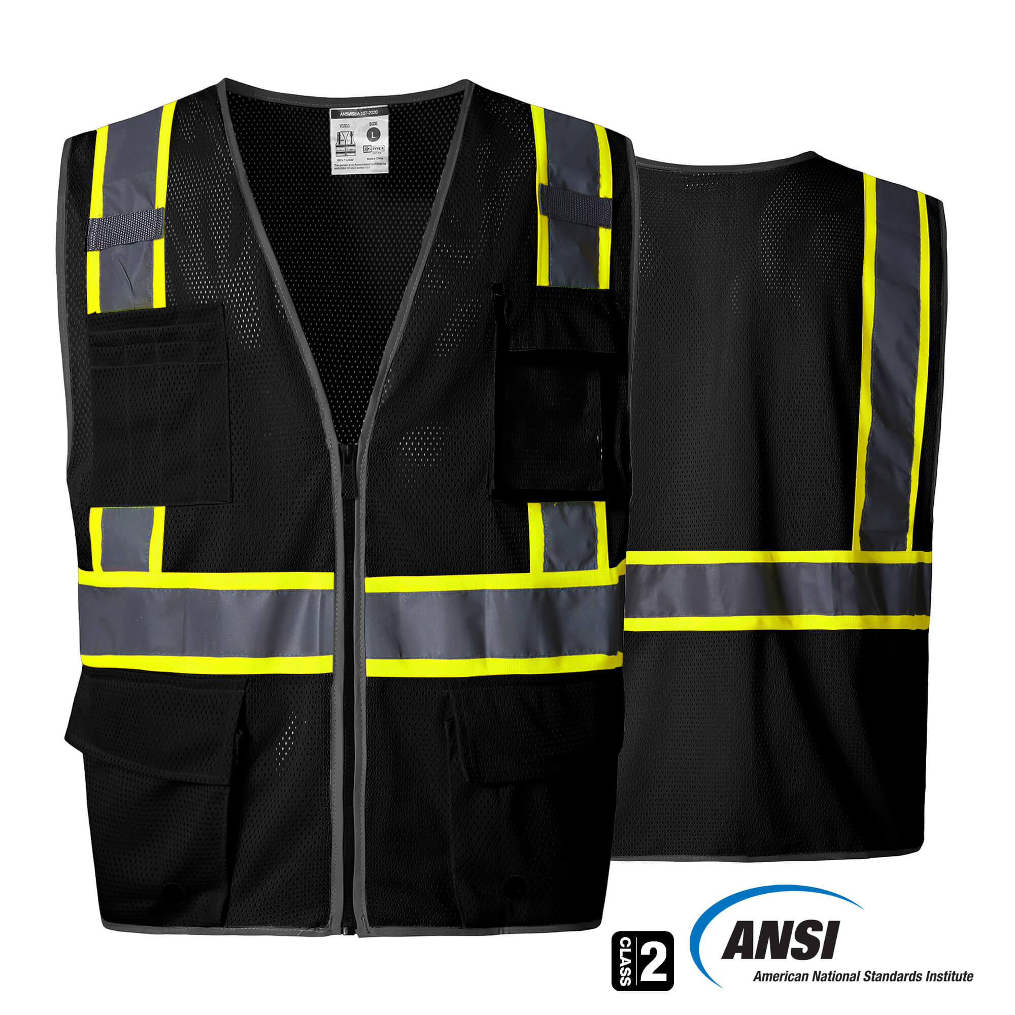 Hivispro ANSI Class-2 high-visibility safety vest V1033 in black, front view with ANSI certification seal.