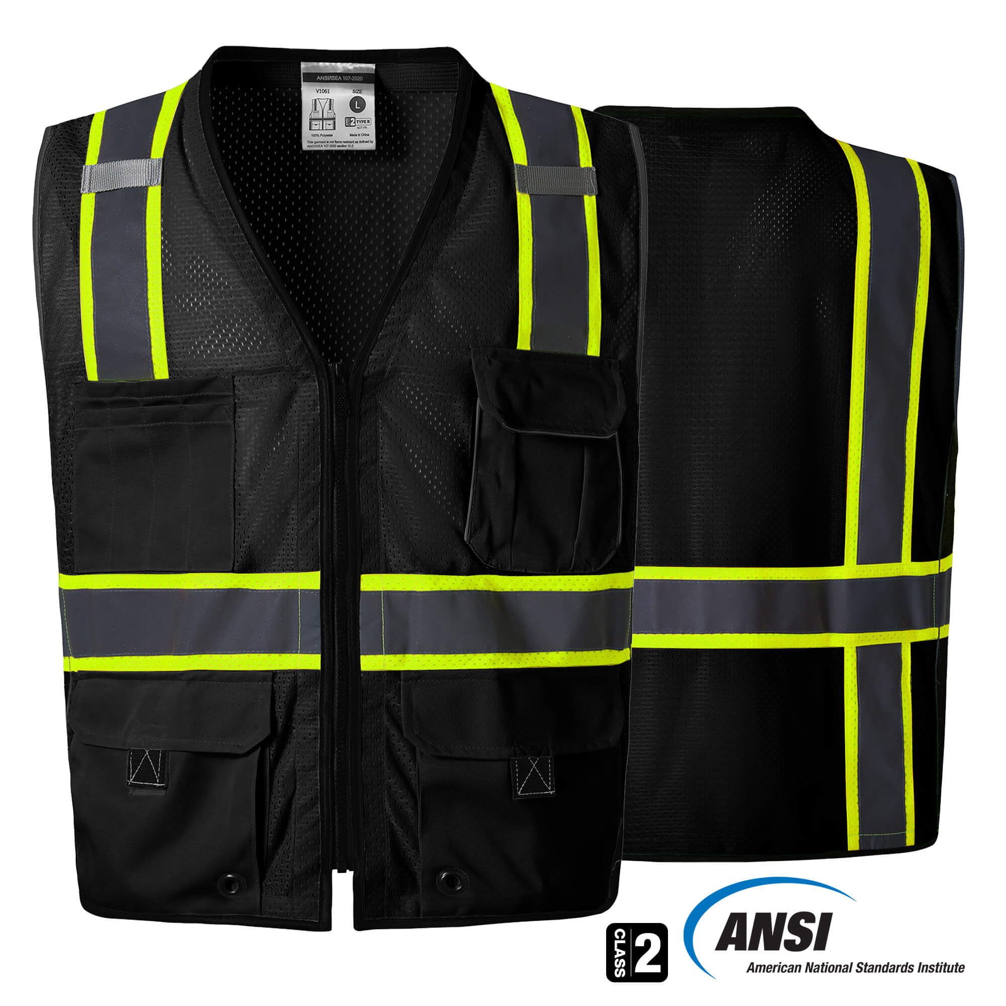 Hivispro ANSI Class-2 high-visibility safety vest V1063 in black, front view with ANSI certification seal.
