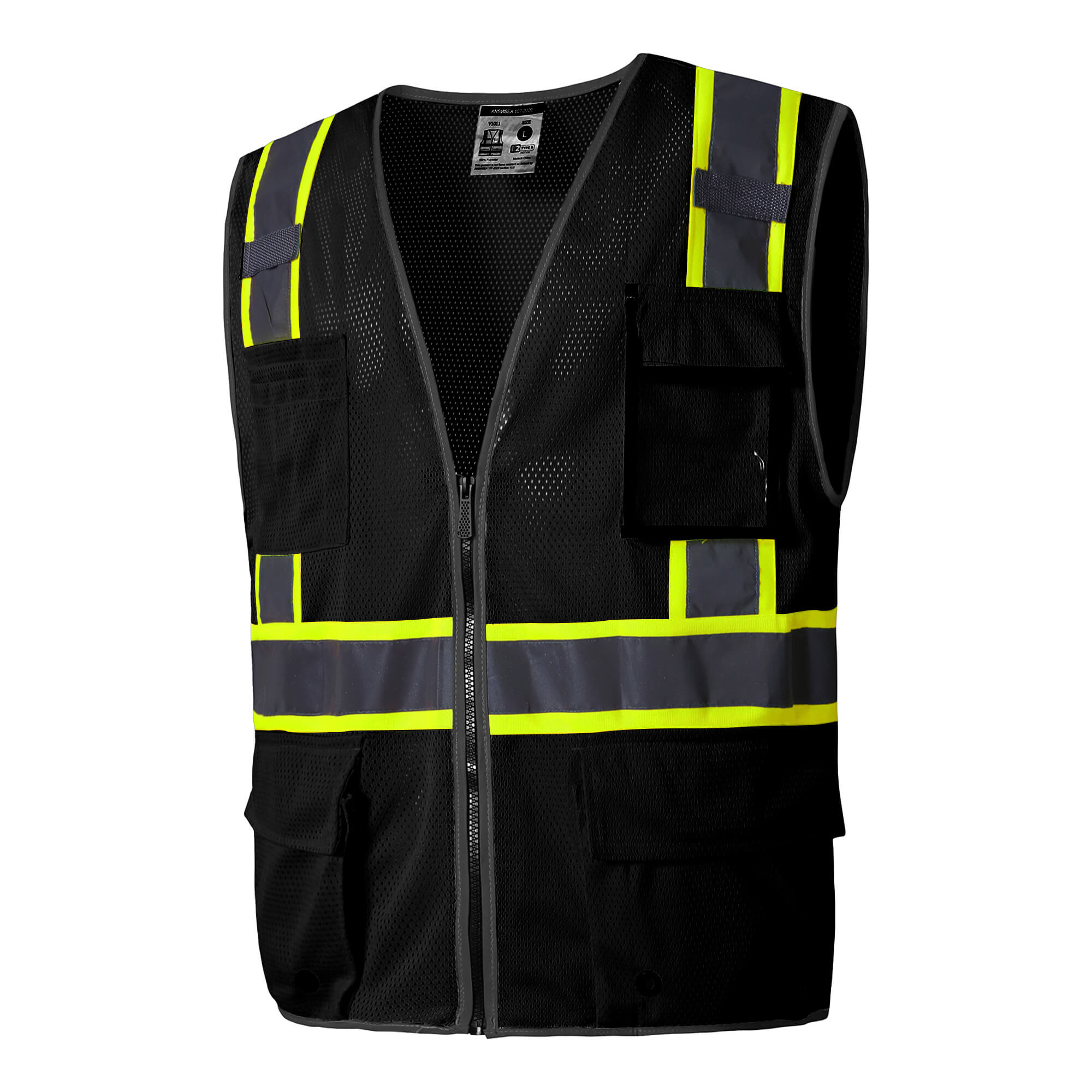 Hivispro ANSI Class-2 high-visibility safety vest V1033 in black, side view.