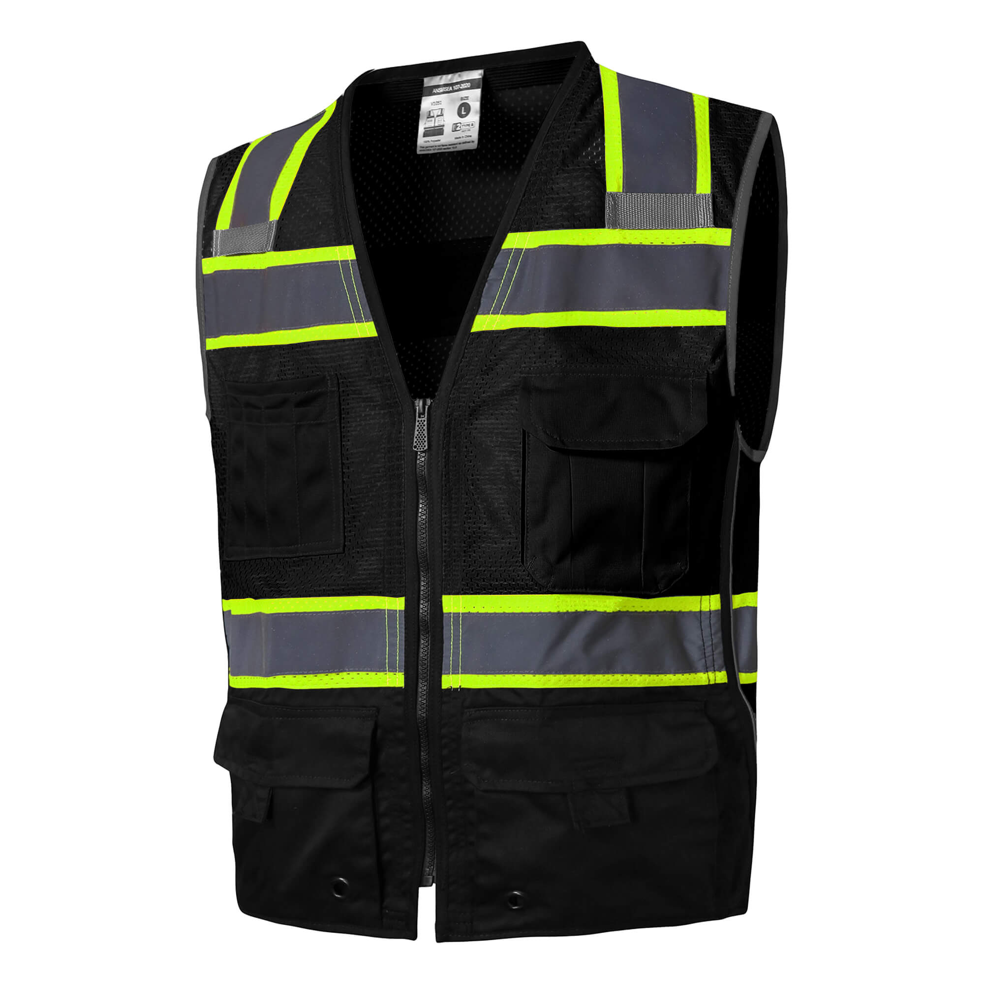Hivispro ANSI Class-2 high-visibility safety vest V1053 in black, side view.