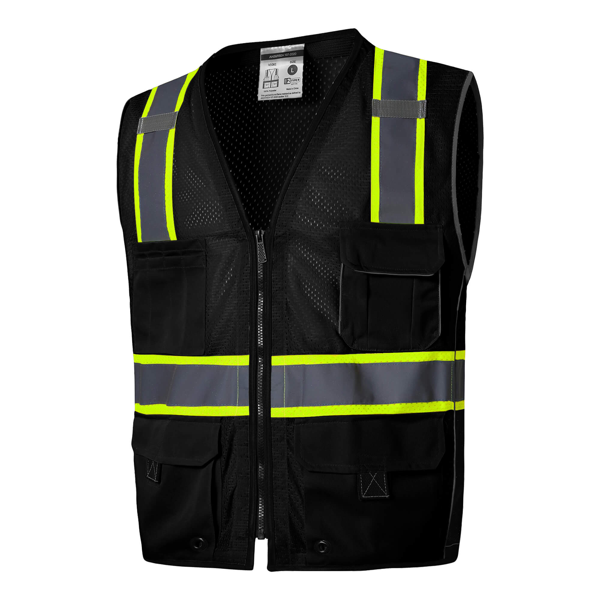 Hivispro ANSI Class-2 high-visibility safety vest V1061 in black, side view.
