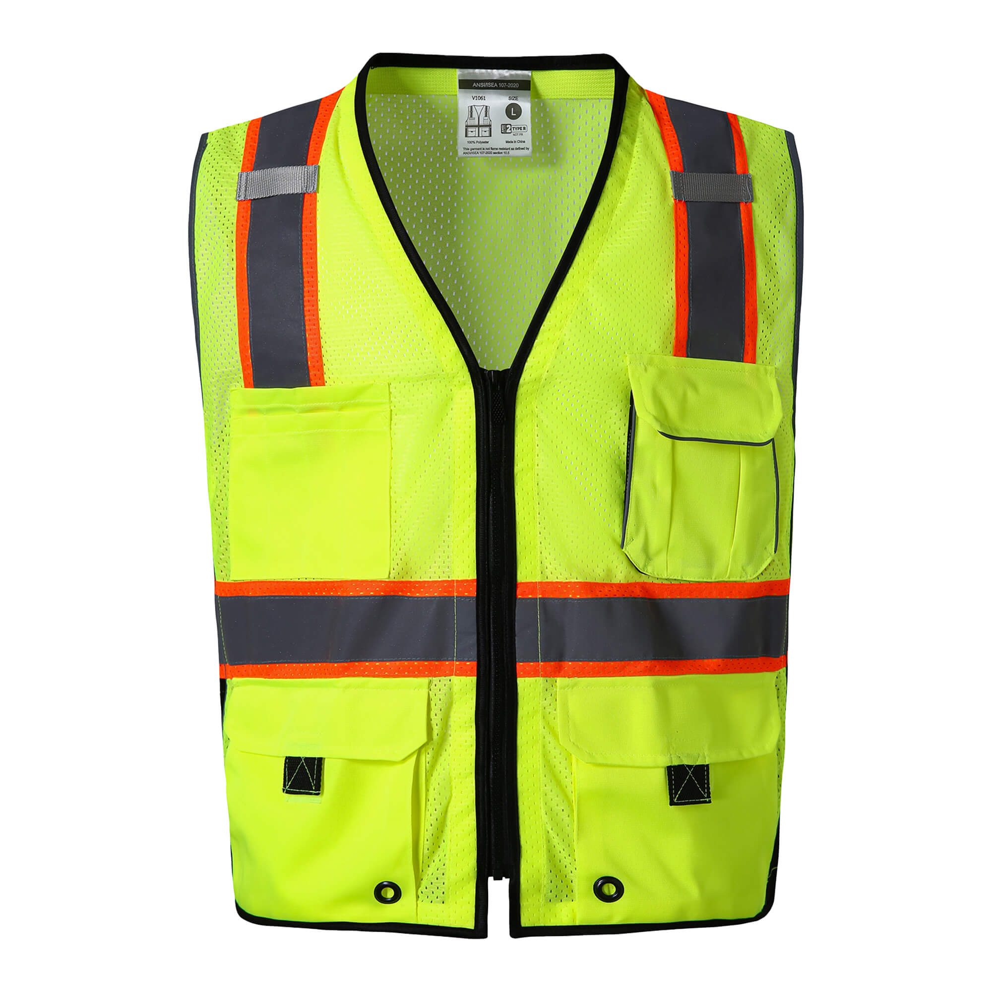 Hivispro ANSI Class-2 high-visibility safety vest V1061 in lime, front view.