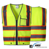 Hivispro ANSI Class-2 high-visibility safety vest V1021 in lime, front view with ANSI certification seal