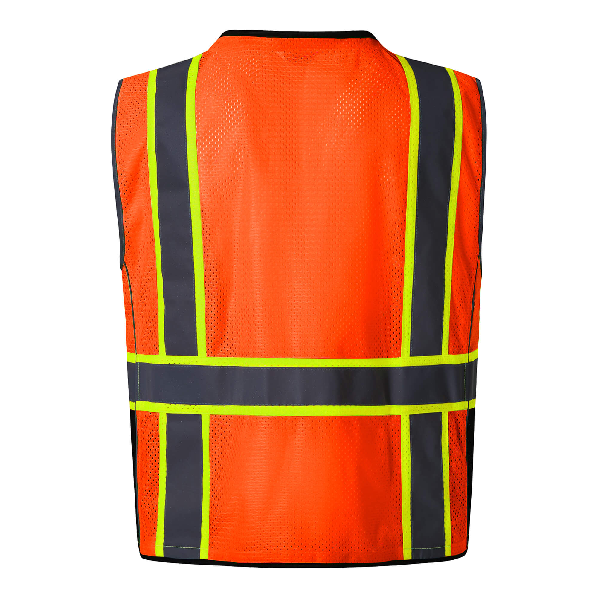 Hivispro ANSI Class-2 high-visibility safety vest V1062 in orange, back view.
