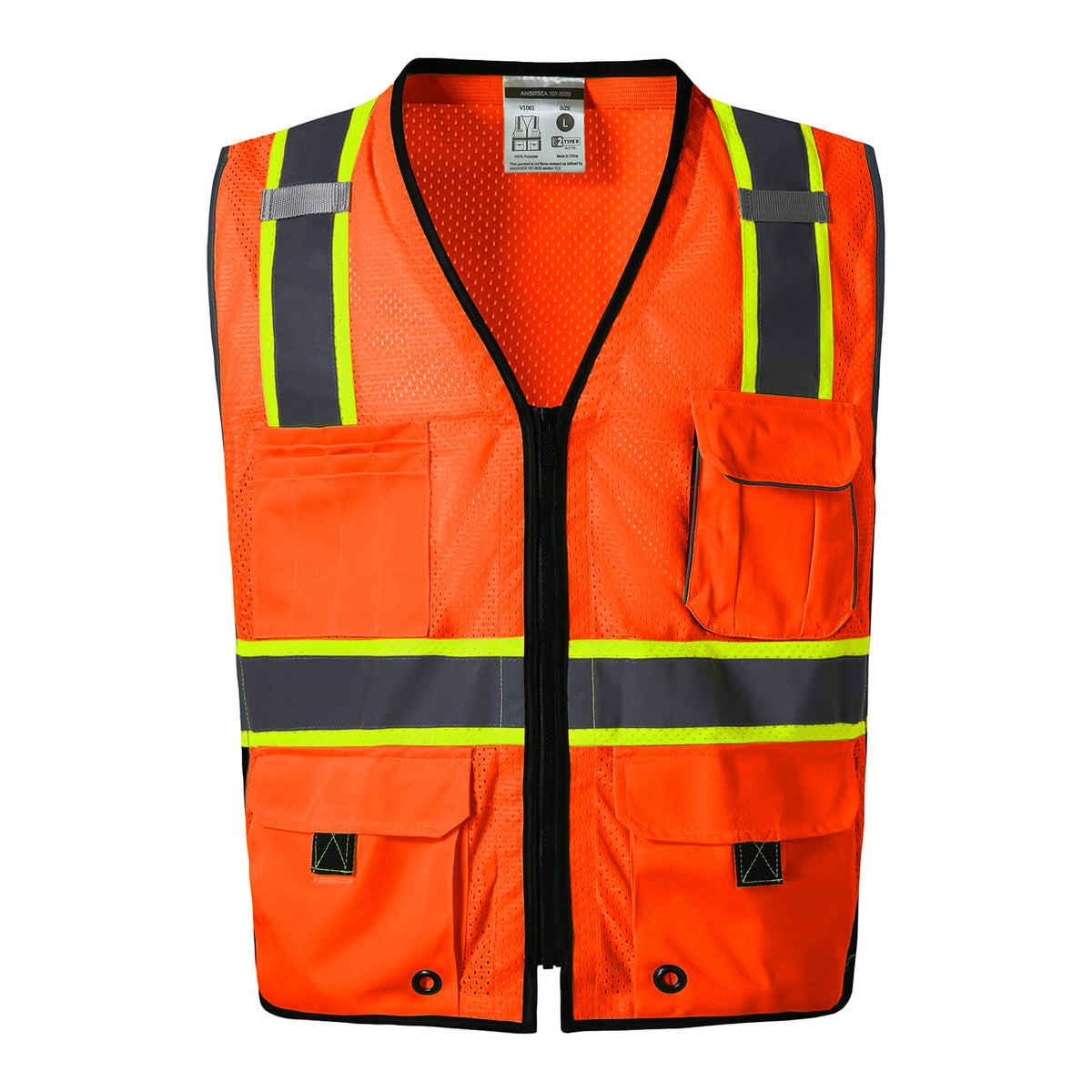 Hivispro ANSI Class-2 high-visibility safety vest V1062 in Orange, front view.
