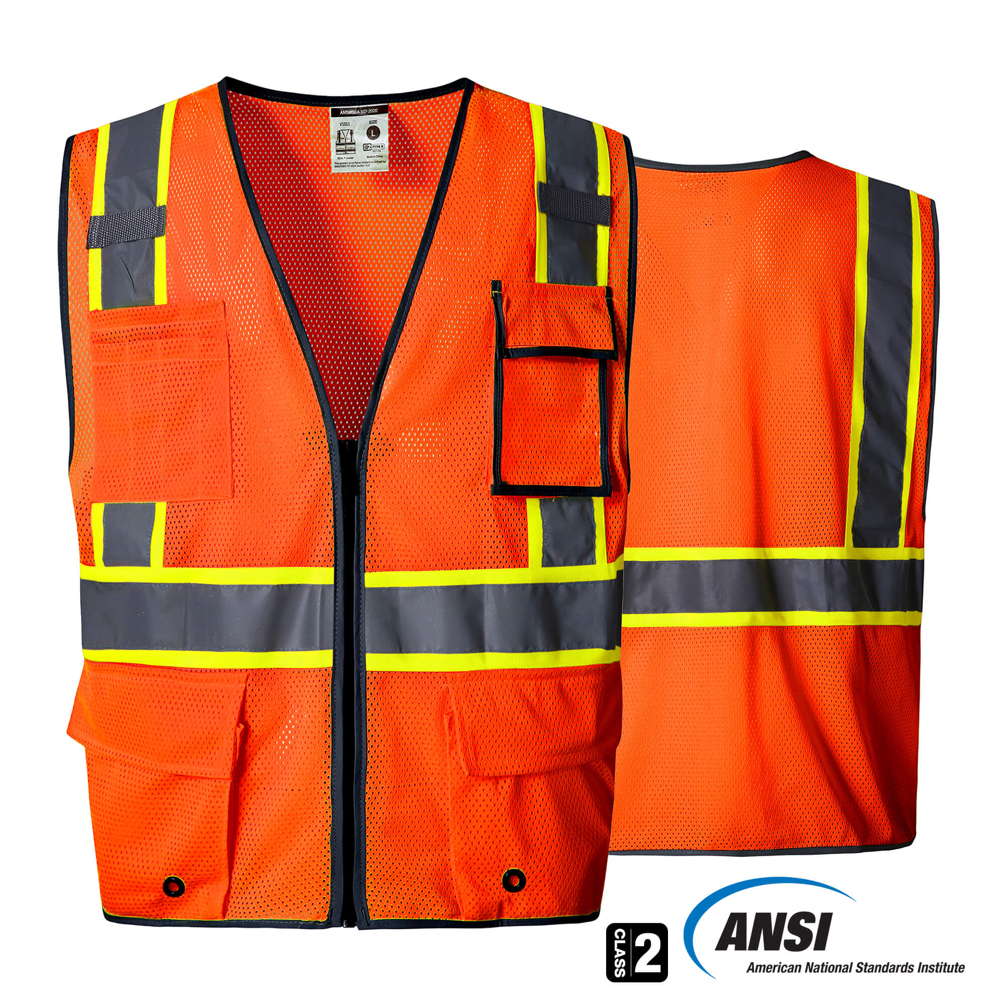 Hivispro ANSI Class-2 high-visibility safety vest V1032 in orange, front view with ANSI certification seal