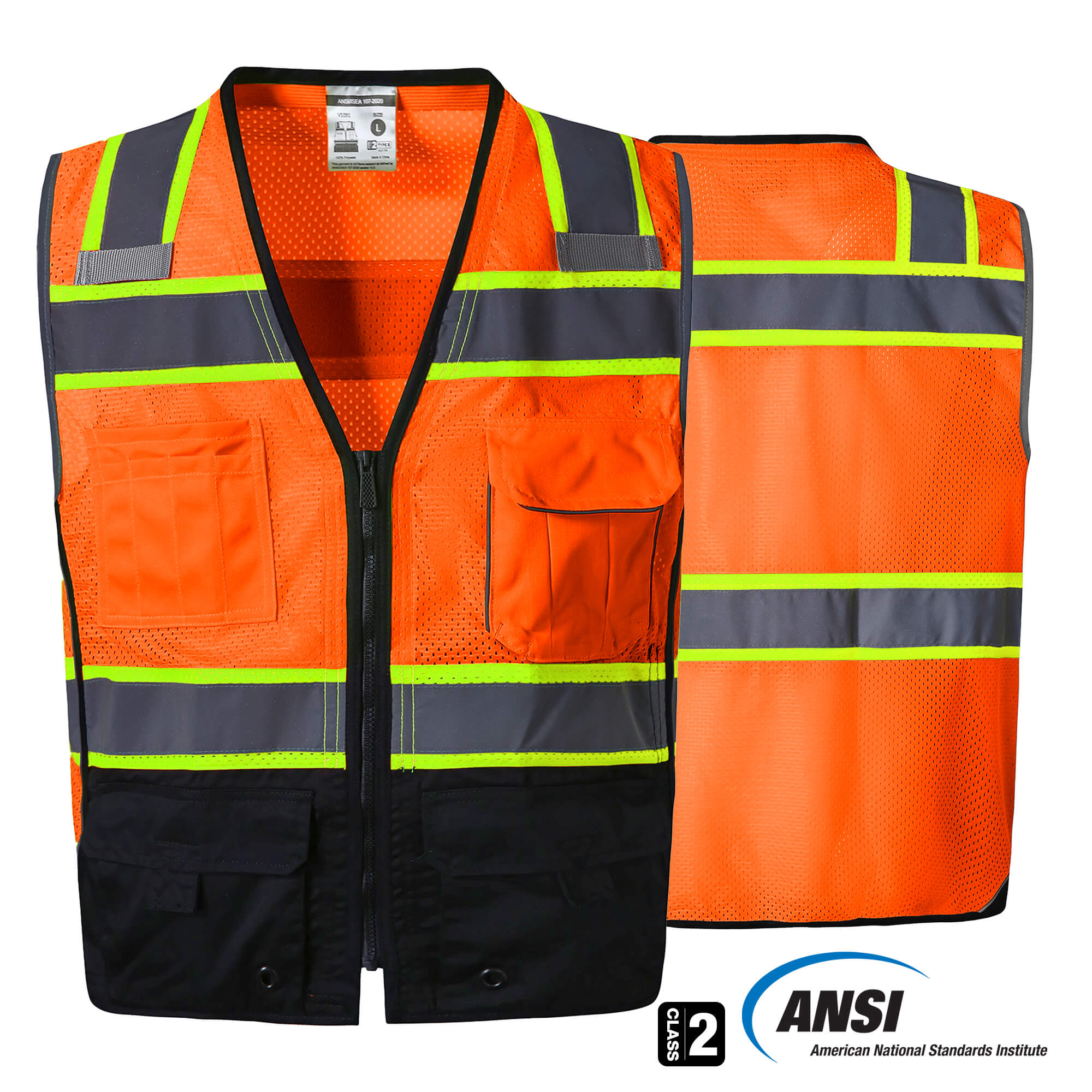 Hivispro ANSI Class-2 high-visibility safety vest V1052 in black, front view with ANSI certification seal.